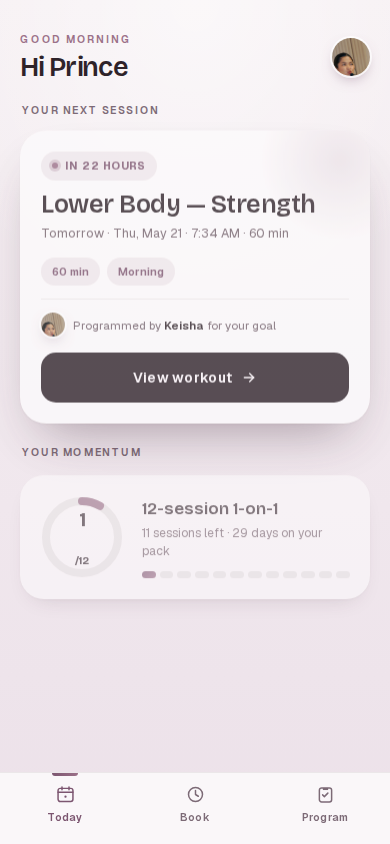 Train with Keisha client app: today's session, countdown, your workout from Keisha